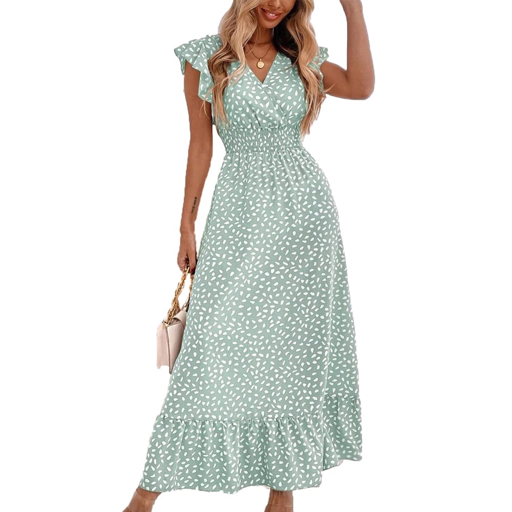 Gina maxi jurk dames – V-hals bloemenprint, pettal mouwen & elastische taille, luchtig zomer