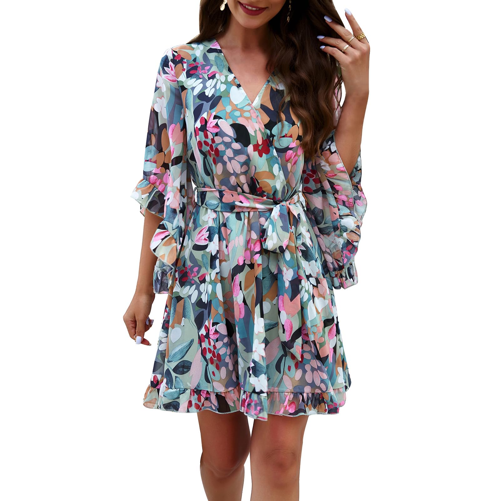 Robe Odessa Mulher – Cache-coração Decote em V Floral, Mangas Sino & Mini Musselina Elegante