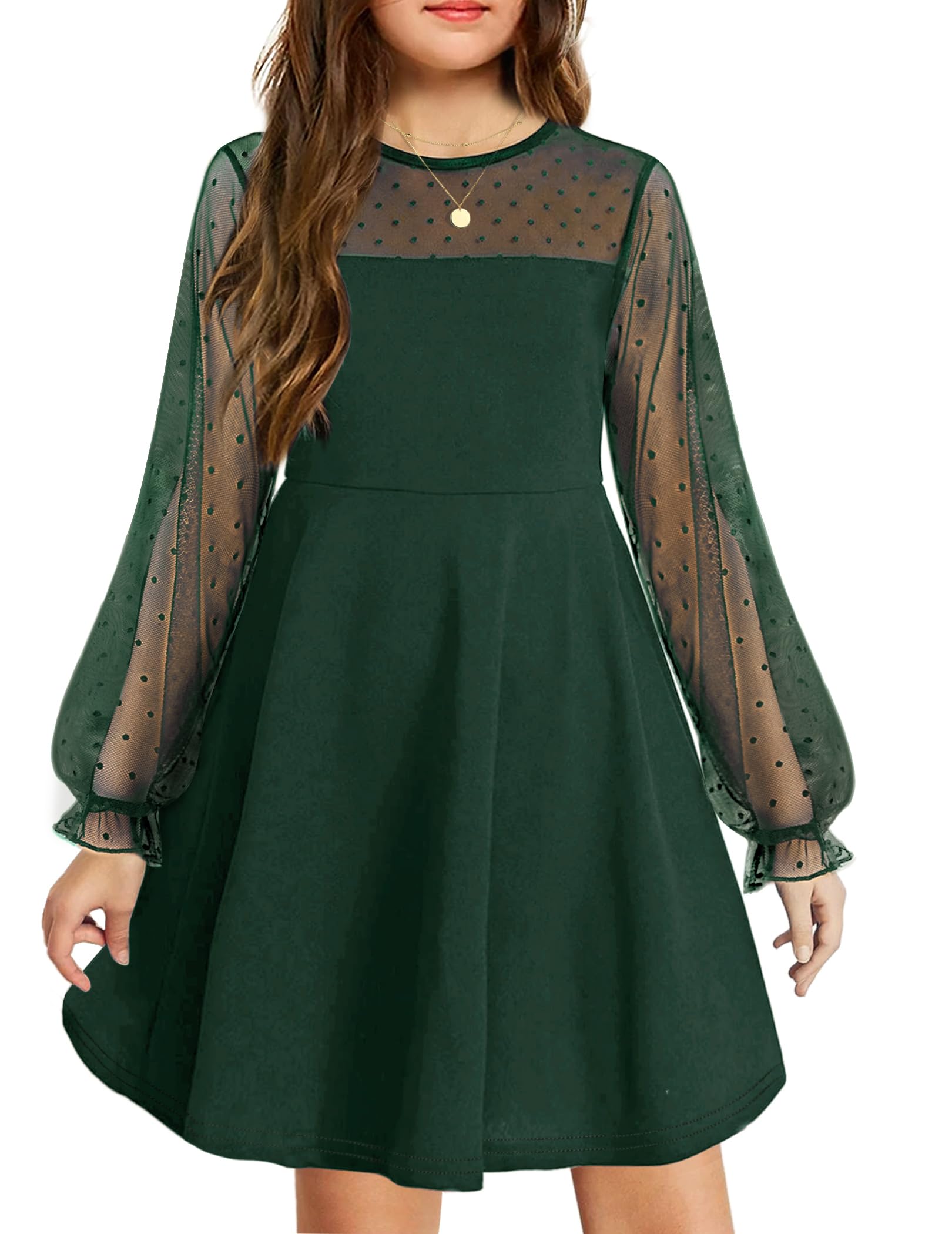 Aishi Mädchenkleid – Lange Mesh-Ärmel, A-Linien Schnitt & Hohe Taille mit Taschen