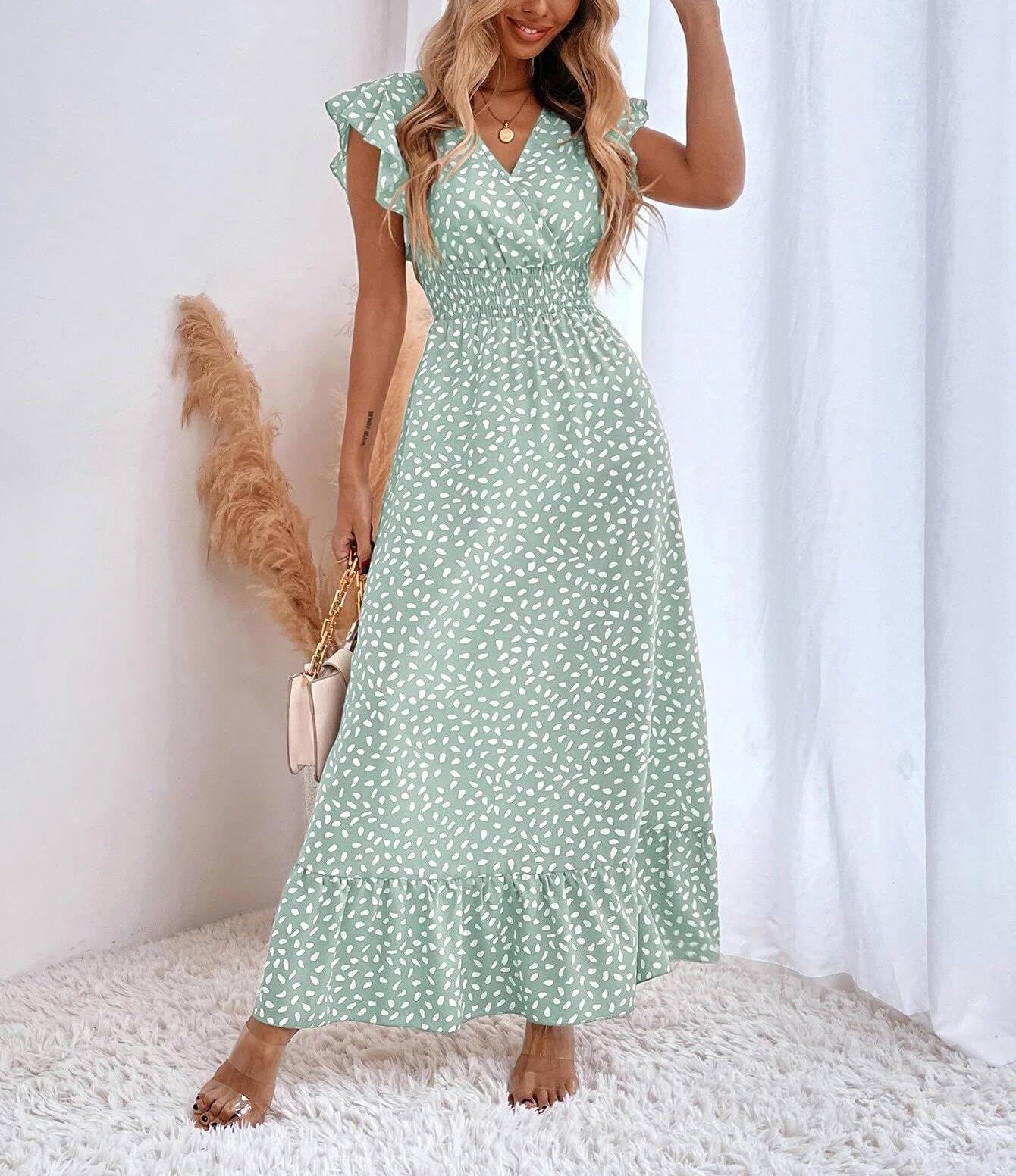 Gina maxi jurk dames – V-hals bloemenprint, pettal mouwen & elastische taille, luchtig zomer