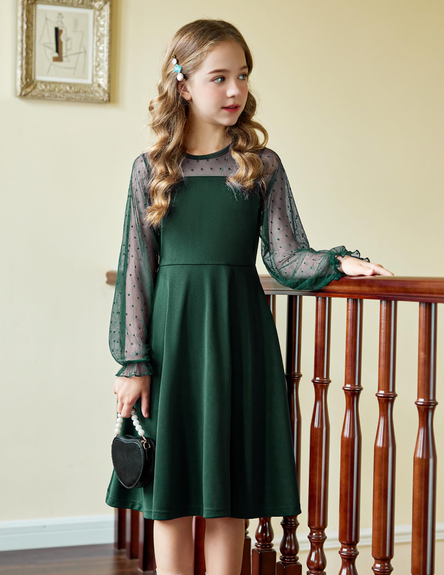 Aishi Mädchenkleid – Lange Mesh-Ärmel, A-Linien Schnitt & Hohe Taille mit Taschen