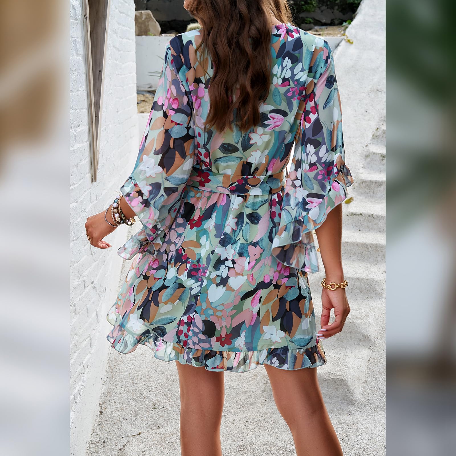 Robe Odessa Mulher – Cache-coração Decote em V Floral, Mangas Sino & Mini Musselina Elegante