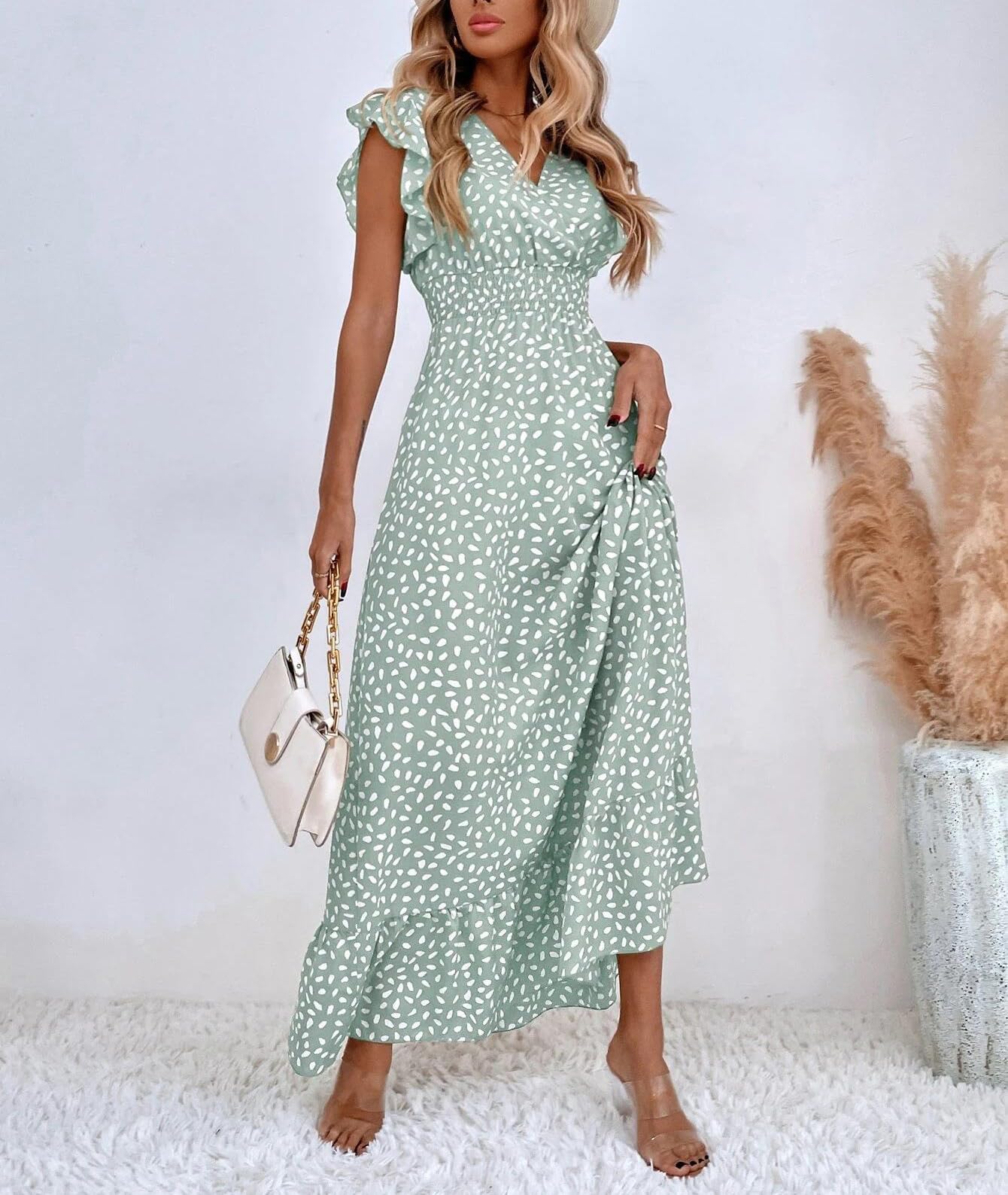 Gina maxi jurk dames – V-hals bloemenprint, pettal mouwen & elastische taille, luchtig zomer