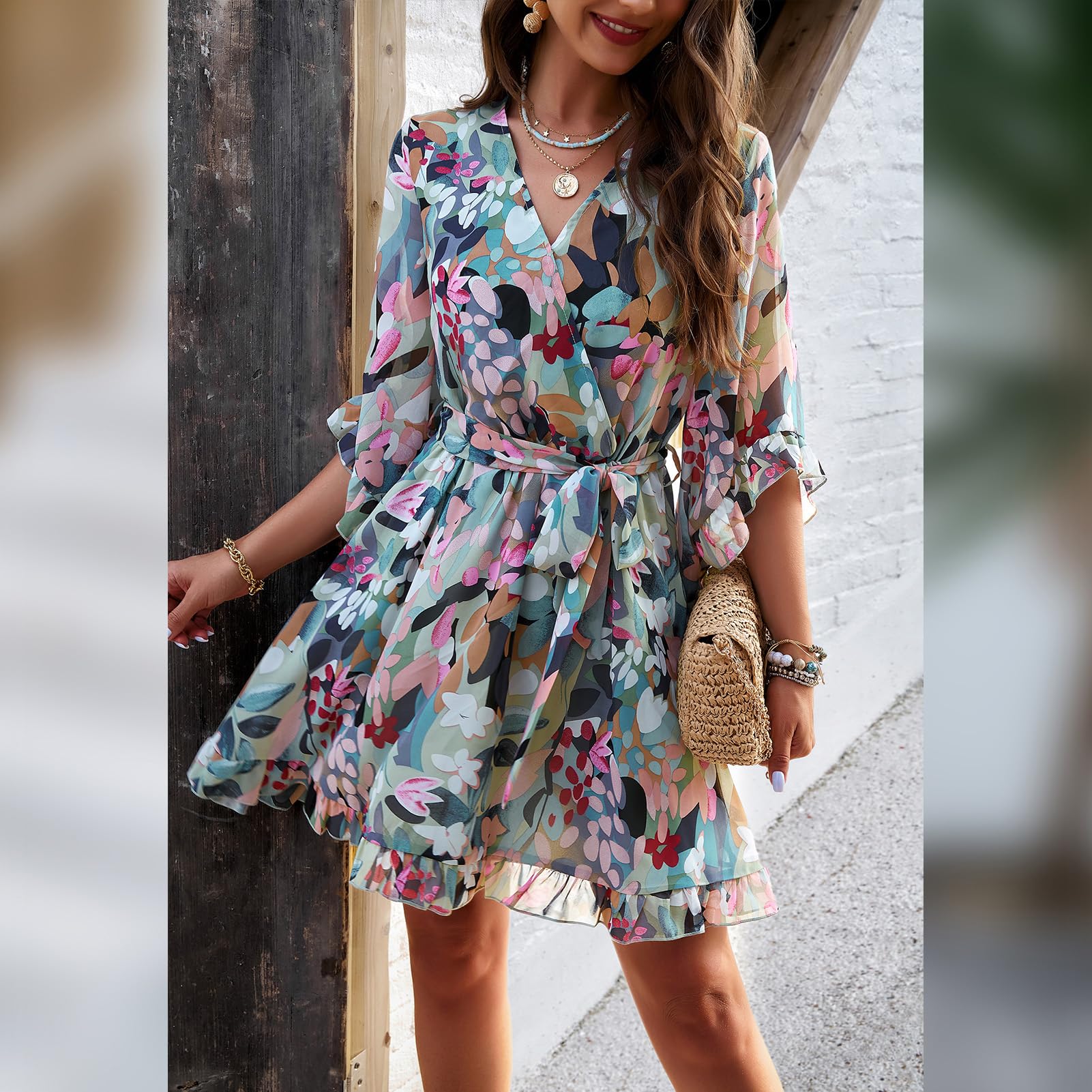 Robe Odessa Mulher – Cache-coração Decote em V Floral, Mangas Sino & Mini Musselina Elegante
