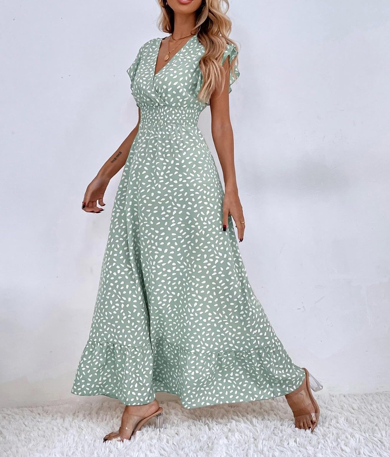 Gina maxi jurk dames – V-hals bloemenprint, pettal mouwen & elastische taille, luchtig zomer