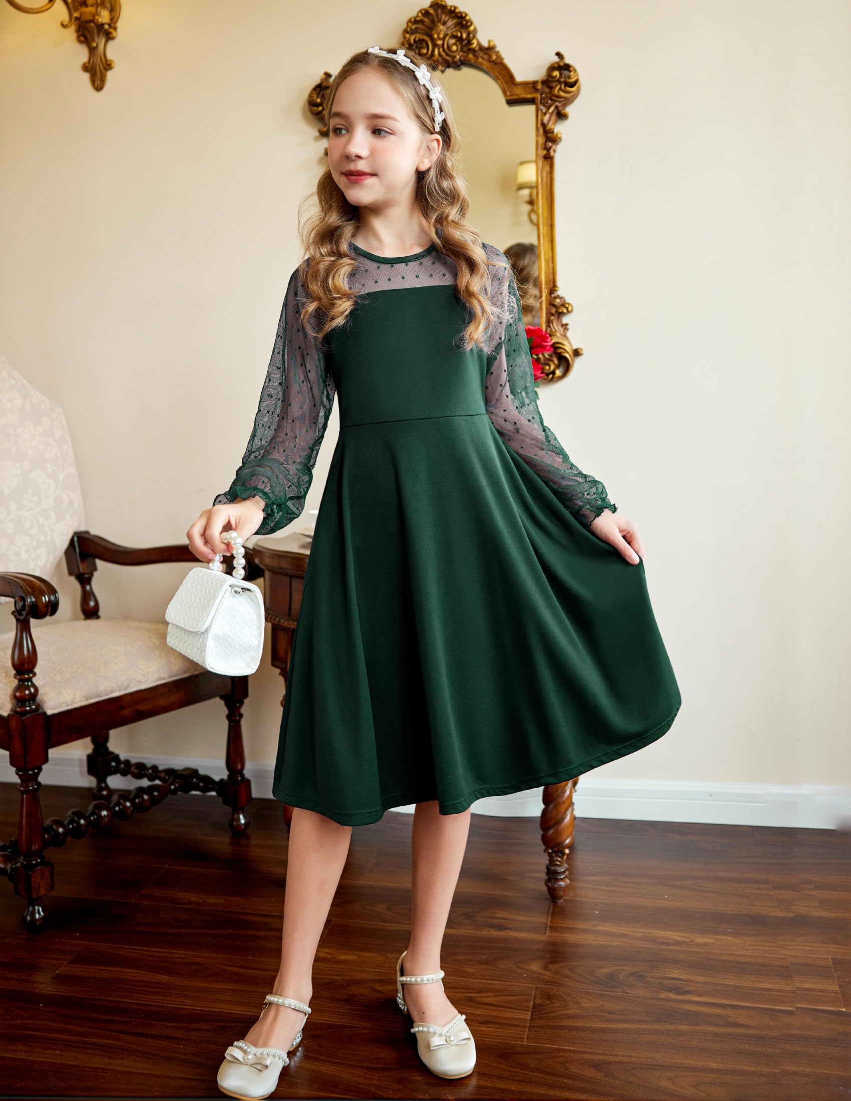Aishi Mädchenkleid – Lange Mesh-Ärmel, A-Linien Schnitt & Hohe Taille mit Taschen