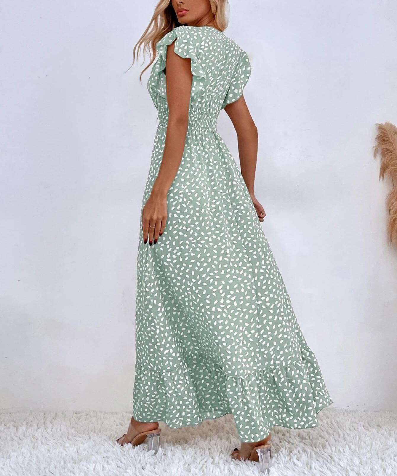 Gina maxi jurk dames – V-hals bloemenprint, pettal mouwen & elastische taille, luchtig zomer
