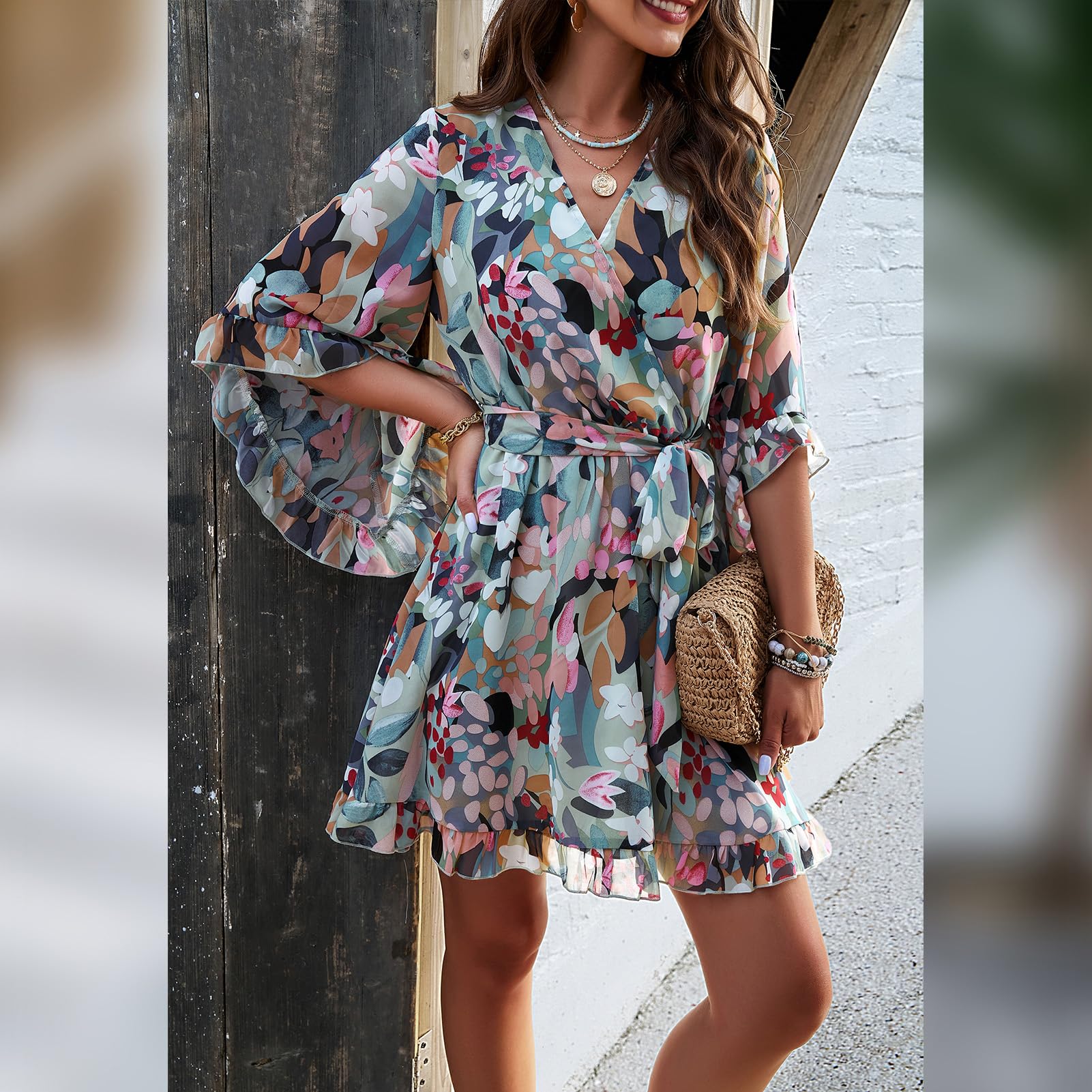 Robe Odessa Mulher – Cache-coração Decote em V Floral, Mangas Sino & Mini Musselina Elegante