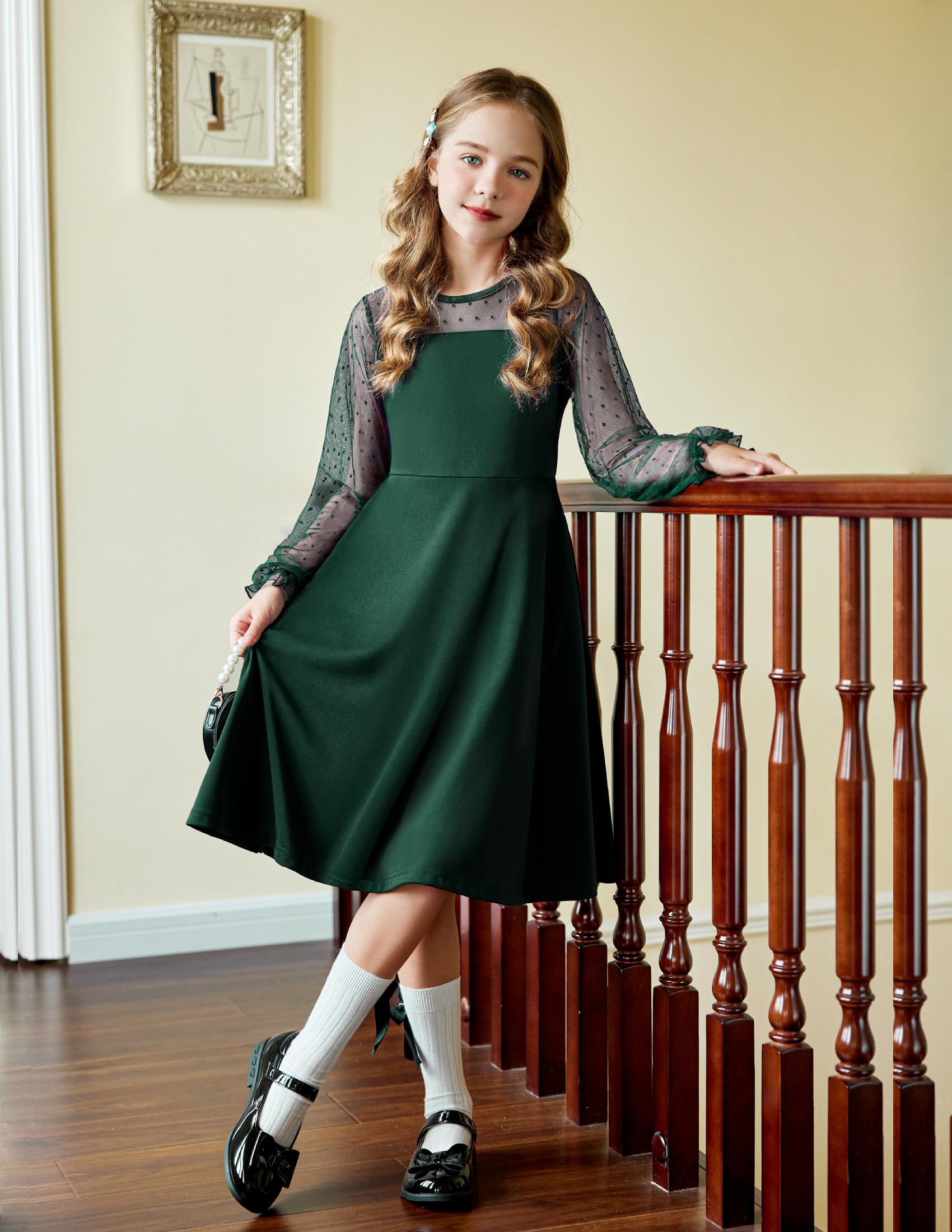 Aishi Mädchenkleid – Lange Mesh-Ärmel, A-Linien Schnitt & Hohe Taille mit Taschen