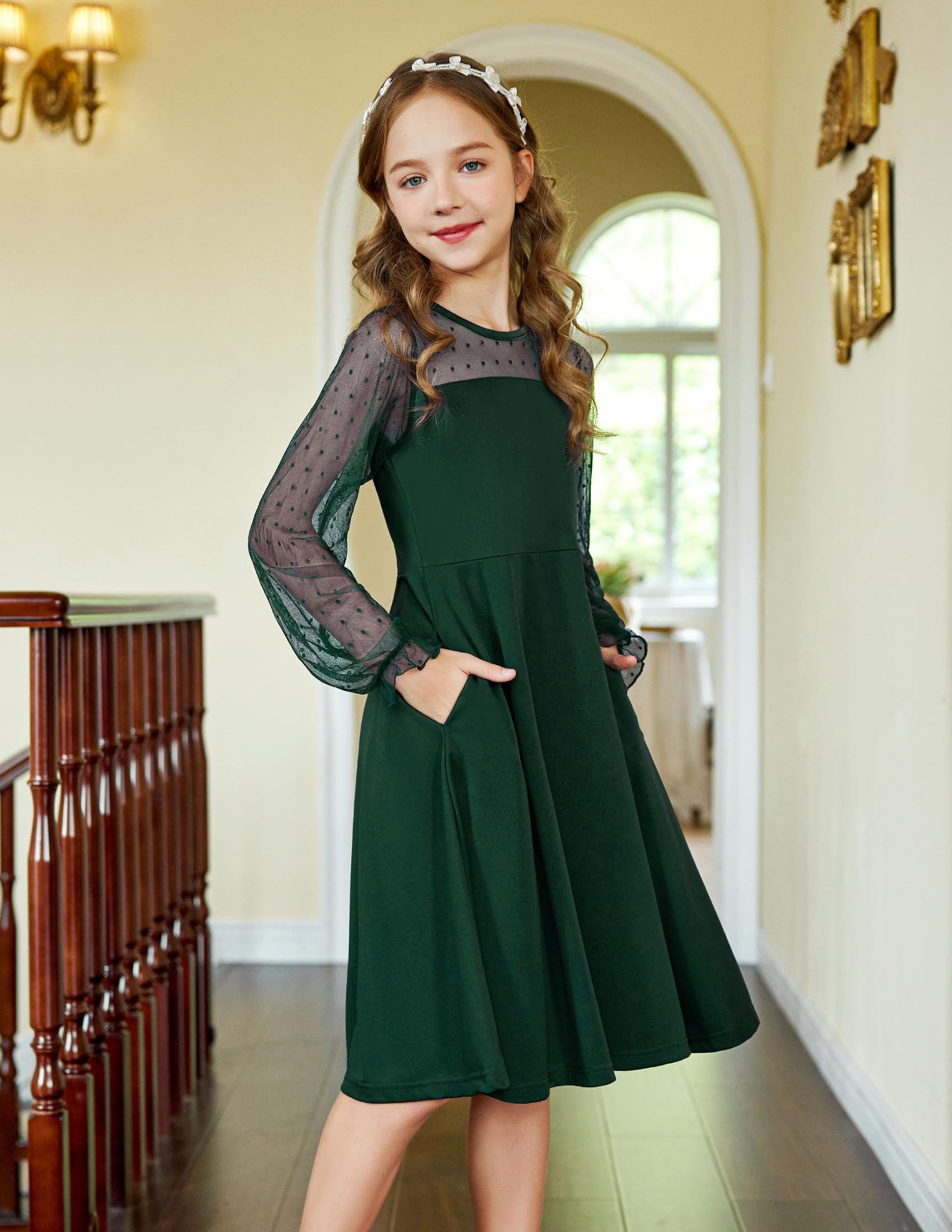 Aishi Mädchenkleid – Lange Mesh-Ärmel, A-Linien Schnitt & Hohe Taille mit Taschen