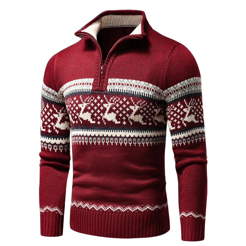 Noah Pull Homme Demi-Zip – Męski sweter nordycki z geometrycznym wzorem i reniferami, wygodny krój