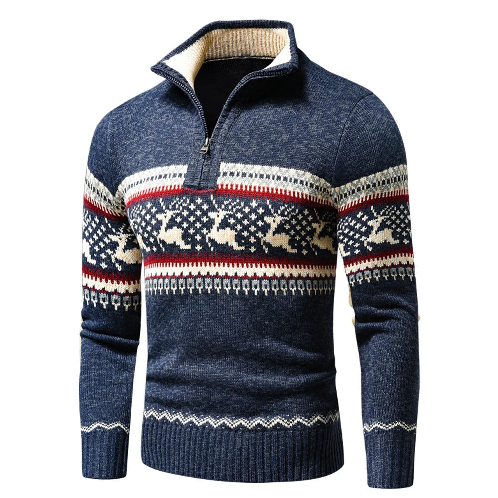 Camisola Noah de Homem com Meio Zíper – Camisola Nórdica com Padrão Geométrico e Renas, Corte Confortável