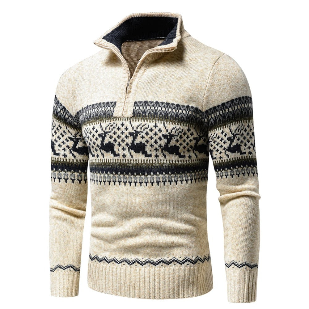 Camisola Noah de Homem com Meio Zíper – Camisola Nórdica com Padrão Geométrico e Renas, Corte Confortável