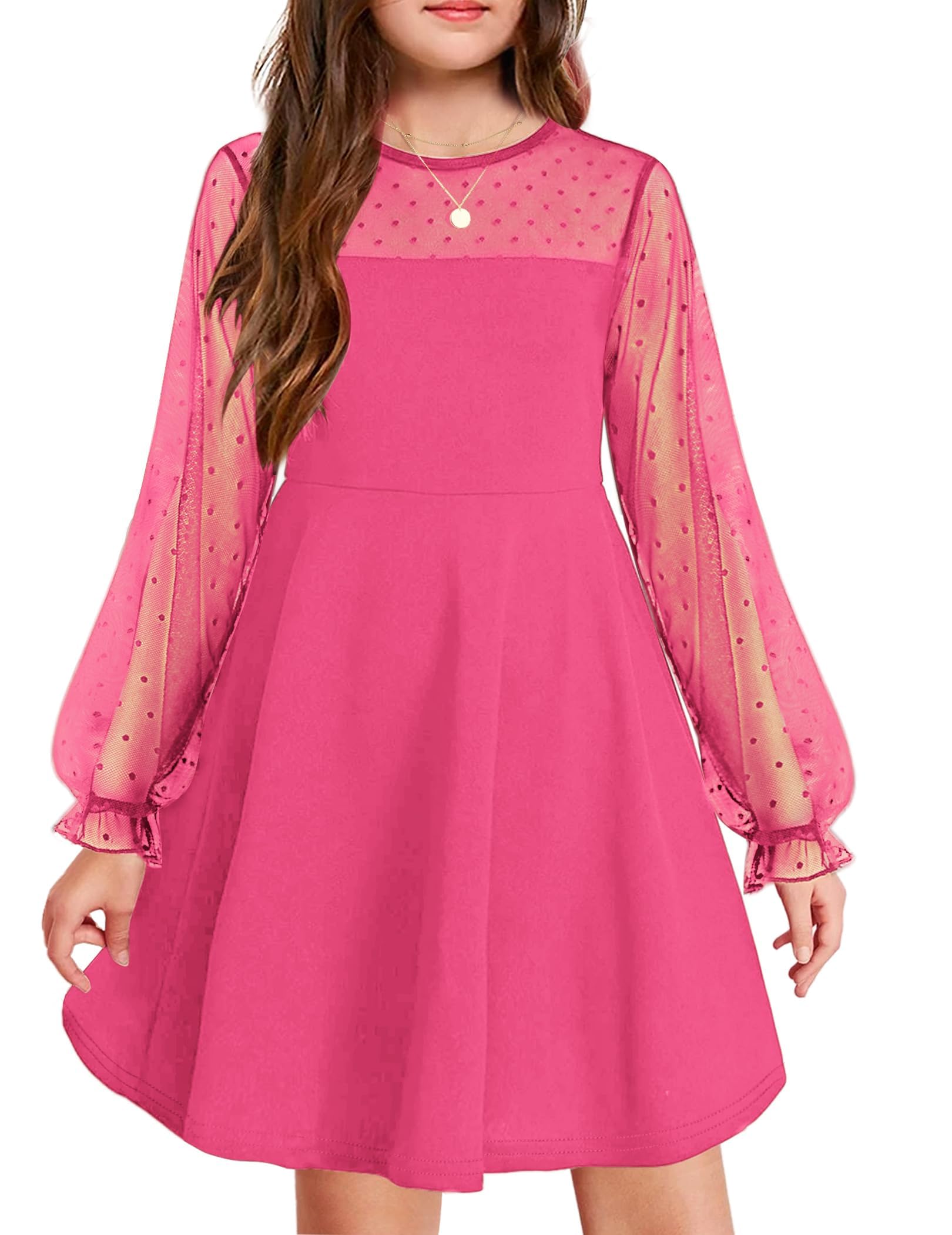 Aishi Mädchenkleid – Lange Mesh-Ärmel, A-Linien Schnitt & Hohe Taille mit Taschen