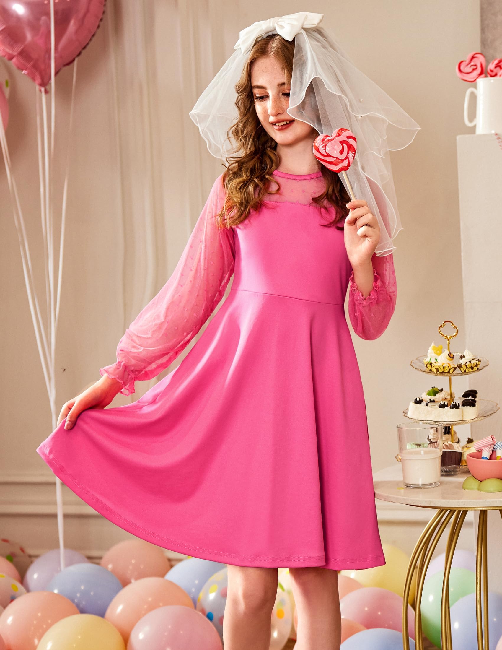 Aishi Mädchenkleid – Lange Mesh-Ärmel, A-Linien Schnitt & Hohe Taille mit Taschen