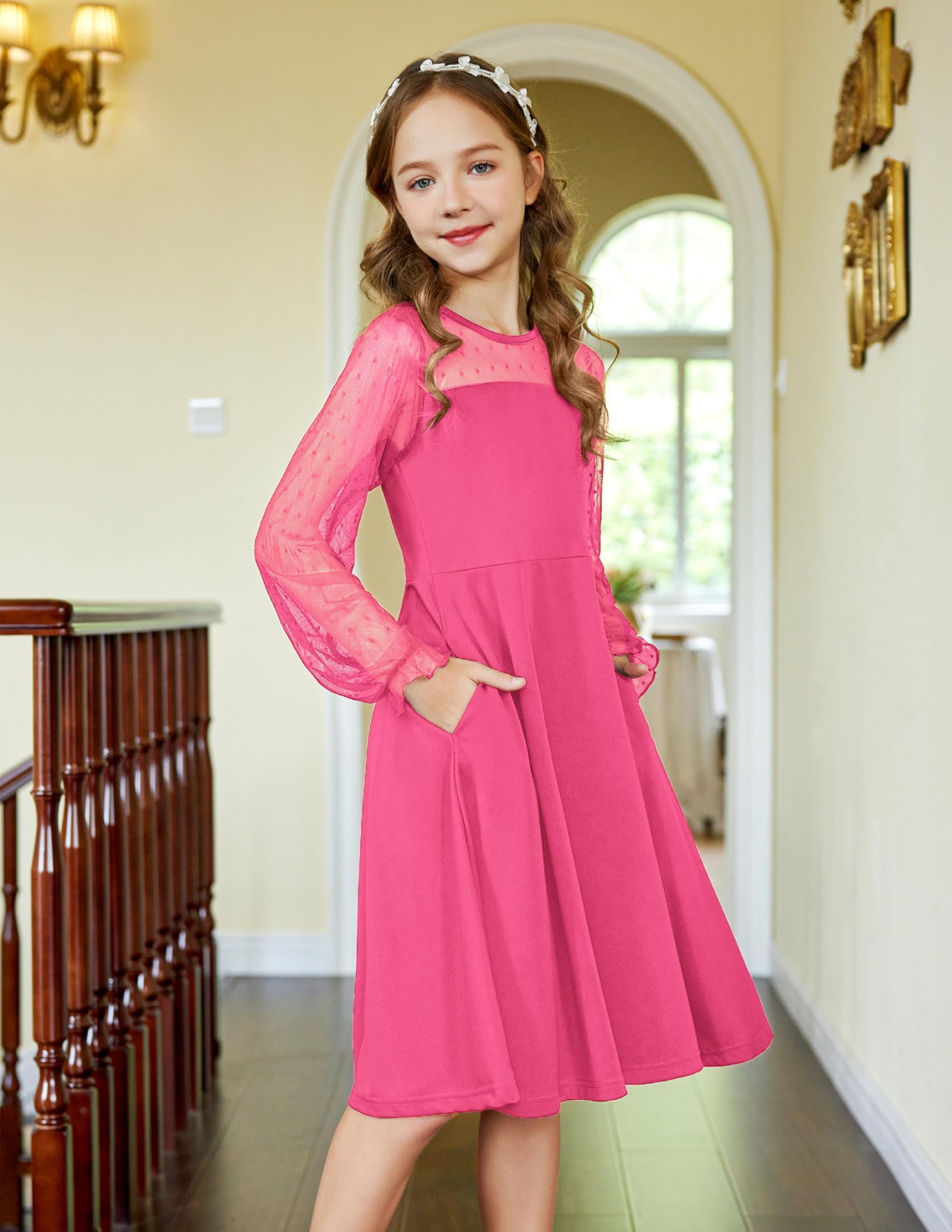 Aishi Mädchenkleid – Lange Mesh-Ärmel, A-Linien Schnitt & Hohe Taille mit Taschen