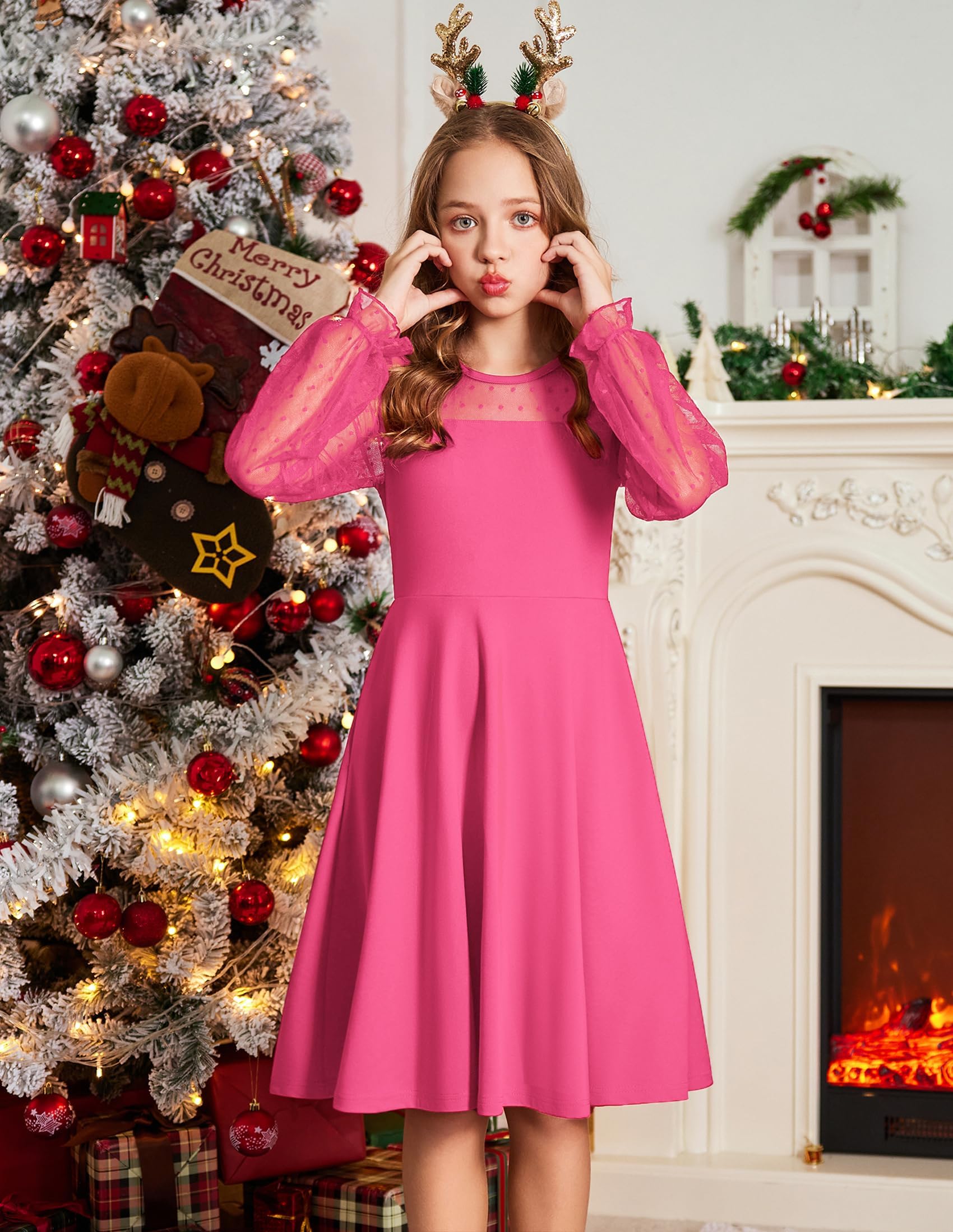 Aishi Mädchenkleid – Lange Mesh-Ärmel, A-Linien Schnitt & Hohe Taille mit Taschen