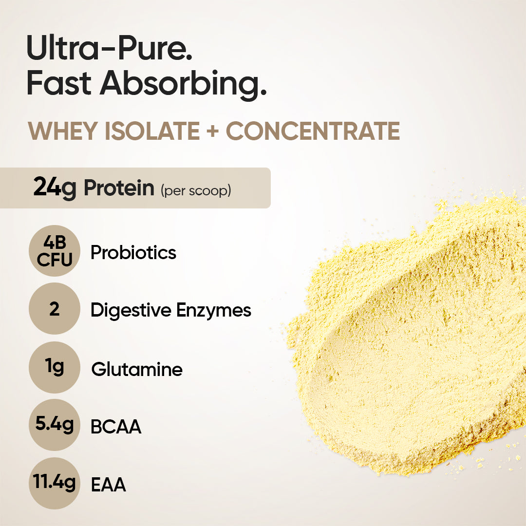 Whey Protein Isolate + Concentrate 24g | 1kg | 4B CFU Probiotics | Kesar Pista Badam