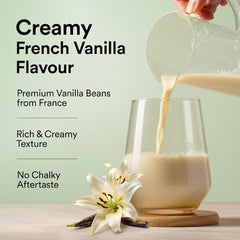 Vegan Protein 500g French Vanilla Caramel in a glass