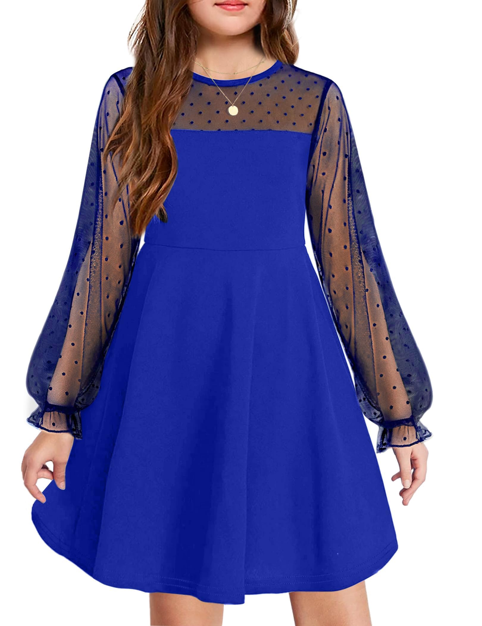 Aishi Mädchenkleid – Lange Mesh-Ärmel, A-Linien Schnitt & Hohe Taille mit Taschen