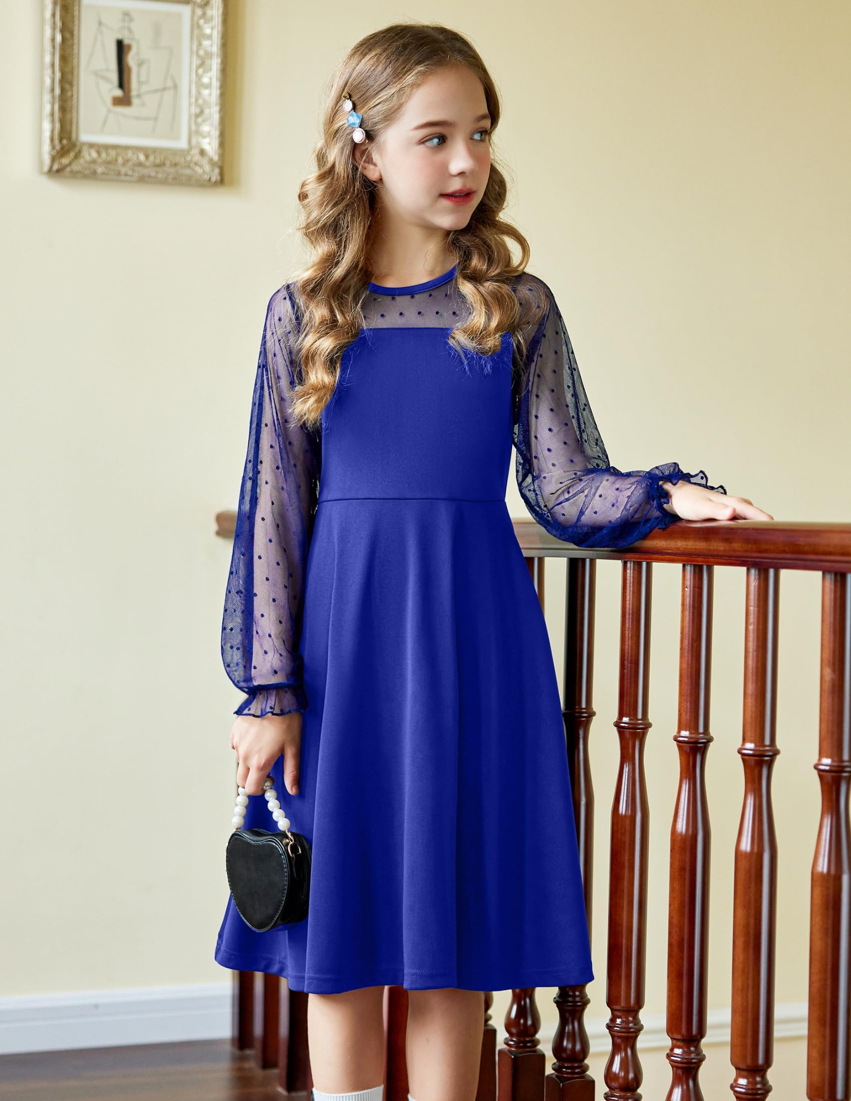 Aishi Mädchenkleid – Lange Mesh-Ärmel, A-Linien Schnitt & Hohe Taille mit Taschen