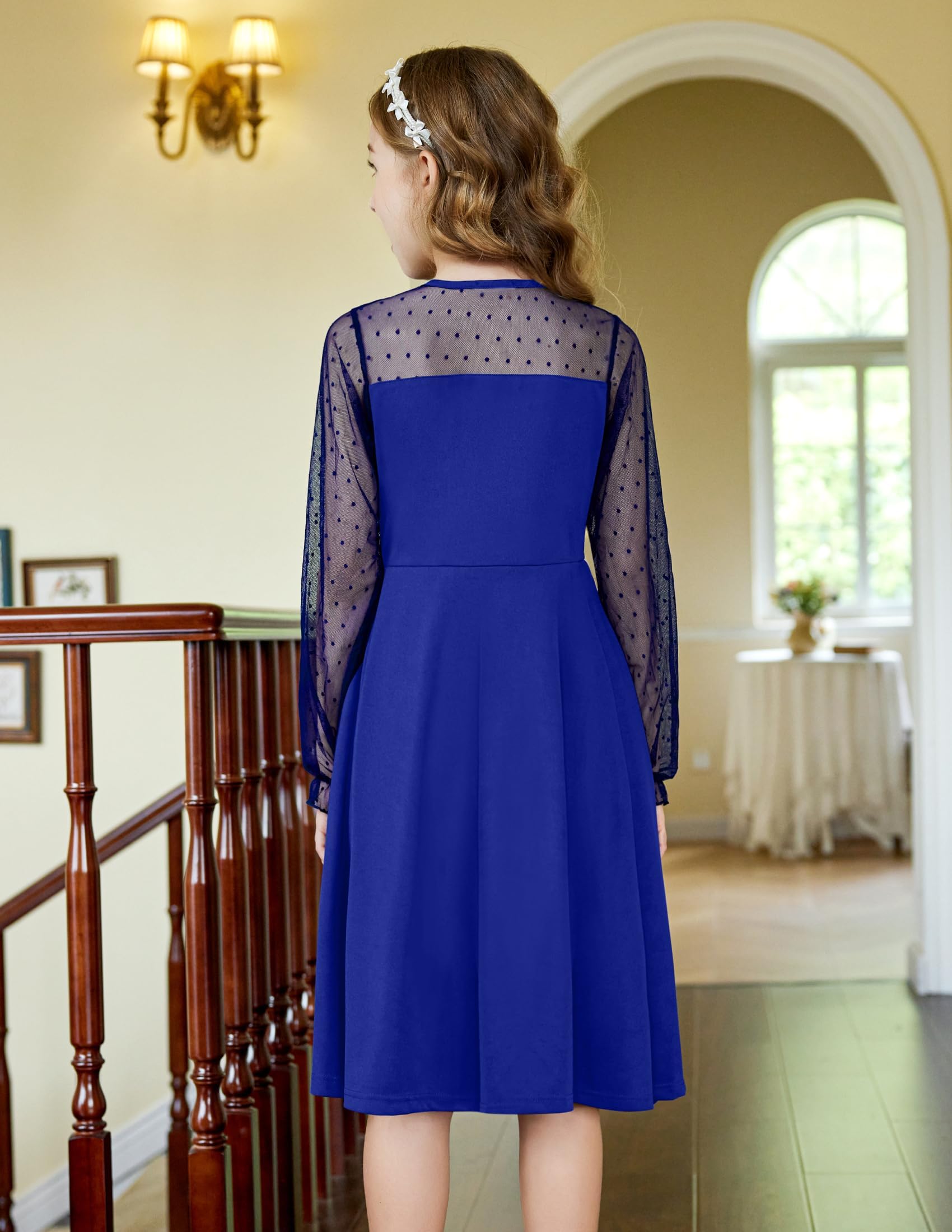 Aishi Mädchenkleid – Lange Mesh-Ärmel, A-Linien Schnitt & Hohe Taille mit Taschen