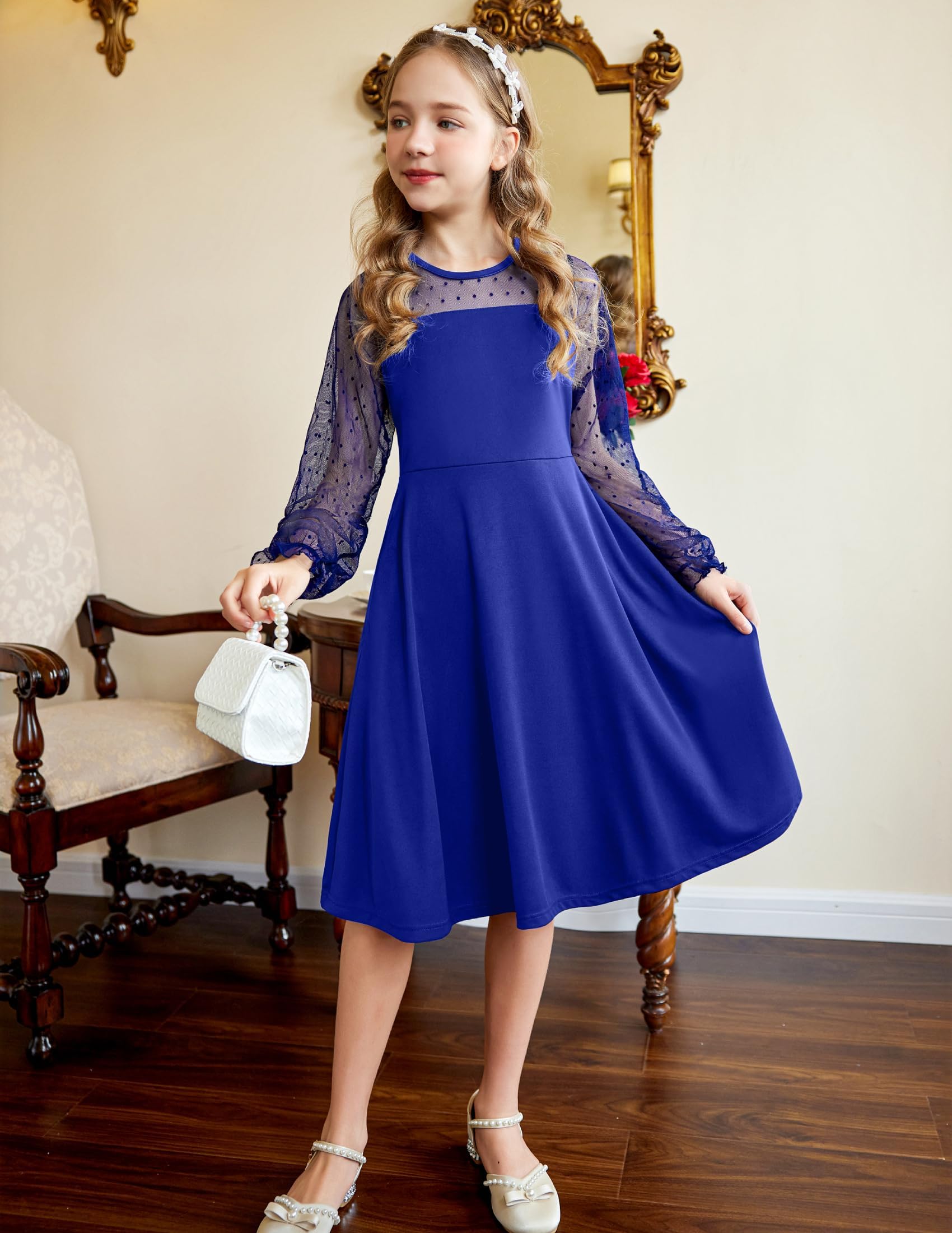 Aishi Mädchenkleid – Lange Mesh-Ärmel, A-Linien Schnitt & Hohe Taille mit Taschen