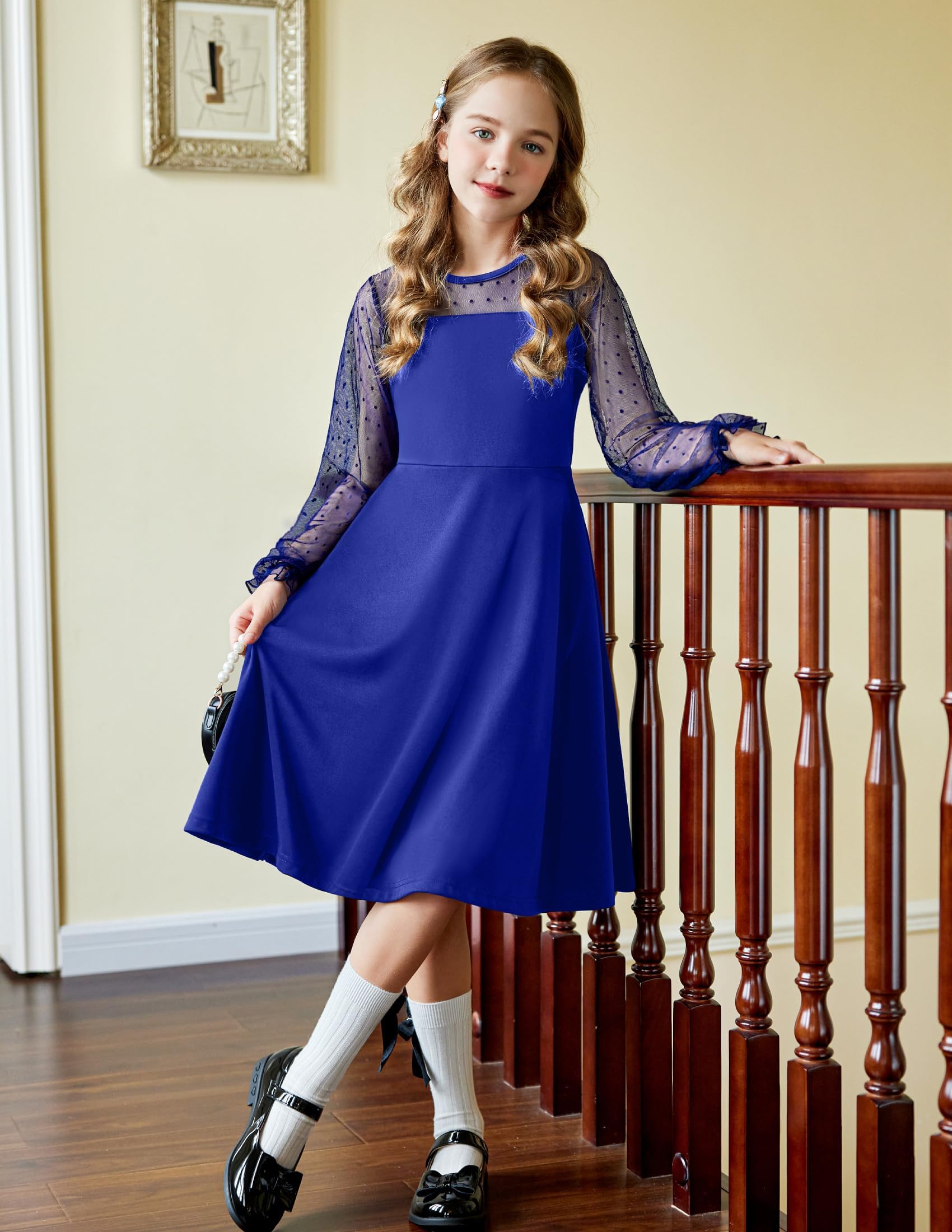 Aishi Mädchenkleid – Lange Mesh-Ärmel, A-Linien Schnitt & Hohe Taille mit Taschen