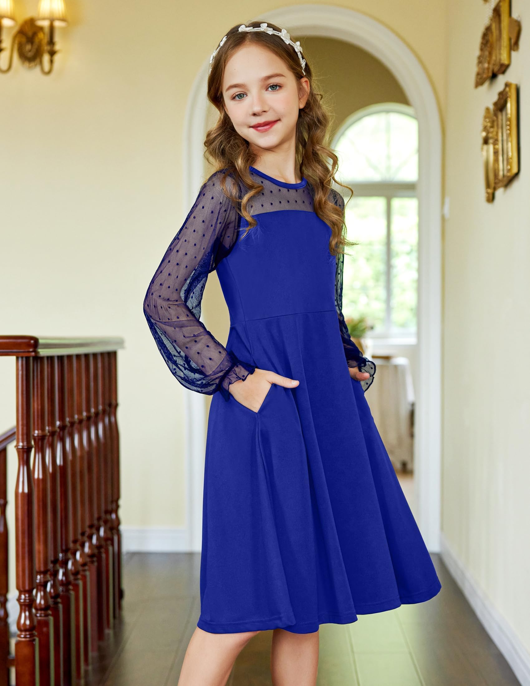 Aishi Mädchenkleid – Lange Mesh-Ärmel, A-Linien Schnitt & Hohe Taille mit Taschen