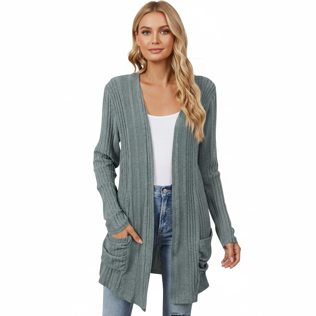 Isabelle Damen langer Cardigan – Offener gerippter Strickweste mit Taschen & lässiger Passform