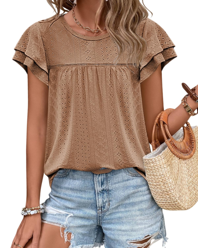 Isara Top Femme – Blusa con Occhielli e Volant, Taglio Babydoll Fluido e Stile Estivo Chic