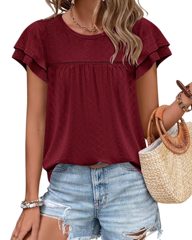 Isara Top Femme – Blusa con Occhielli e Volant, Taglio Babydoll Fluido e Stile Estivo Chic
