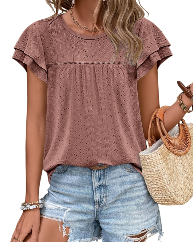 Isara Top Femme – Blusa con Occhielli e Volant, Taglio Babydoll Fluido e Stile Estivo Chic
