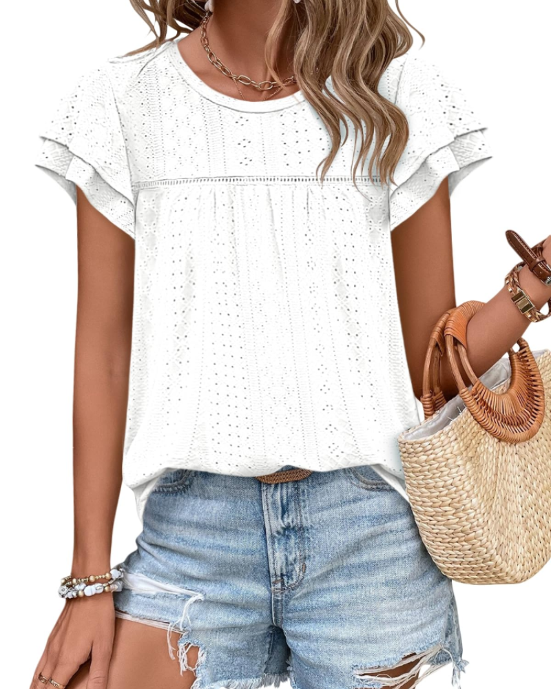 Isara Women's Top – Eyelet Blouse with Ruffles, Flowing Babydoll Cut & Chic Summer Style