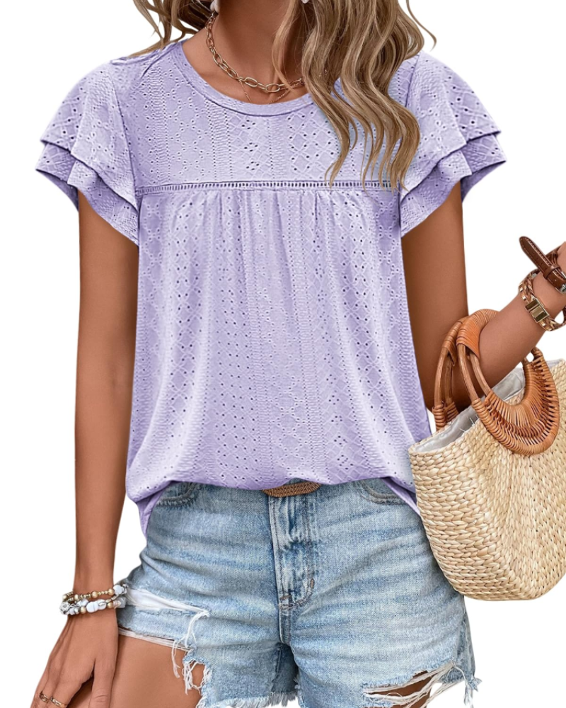 Isara Top Femme – Blusa con Occhielli e Volant, Taglio Babydoll Fluido e Stile Estivo Chic