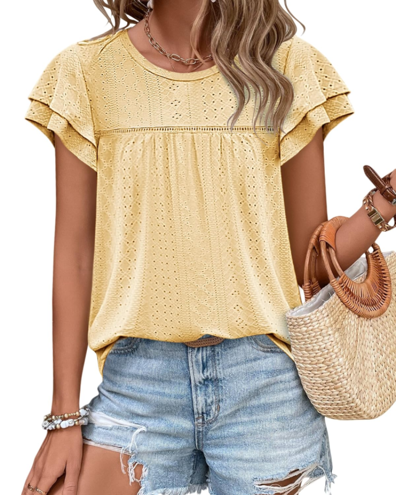 Isara Top Femme – Blusa con Occhielli e Volant, Taglio Babydoll Fluido e Stile Estivo Chic
