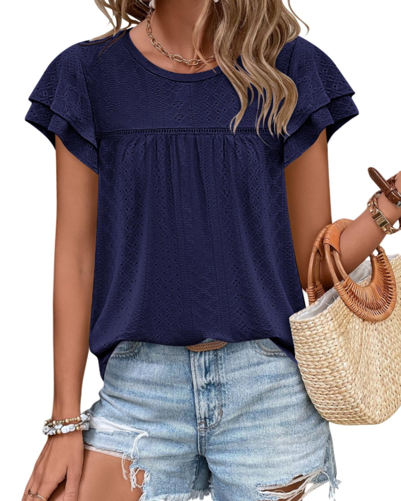 Isara Top Femme – Blusa con Occhielli e Volant, Taglio Babydoll Fluido e Stile Estivo Chic