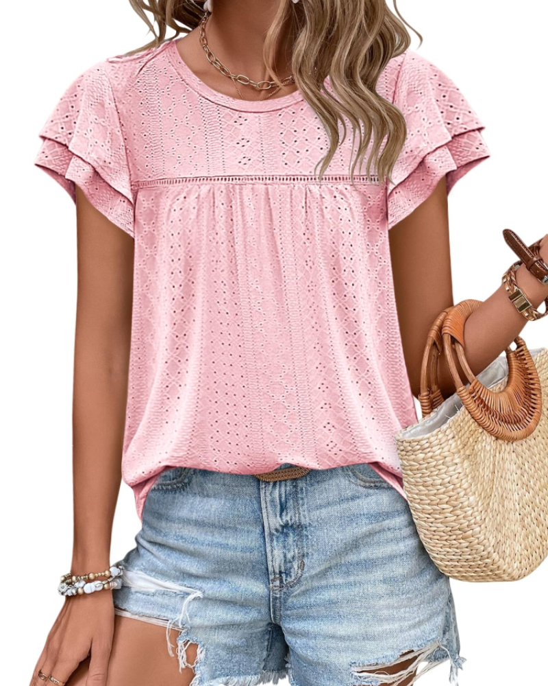 Isara Top Femme – Blusa con Occhielli e Volant, Taglio Babydoll Fluido e Stile Estivo Chic