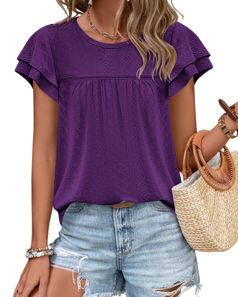 Isara Top Femme – Blusa con Occhielli e Volant, Taglio Babydoll Fluido e Stile Estivo Chic