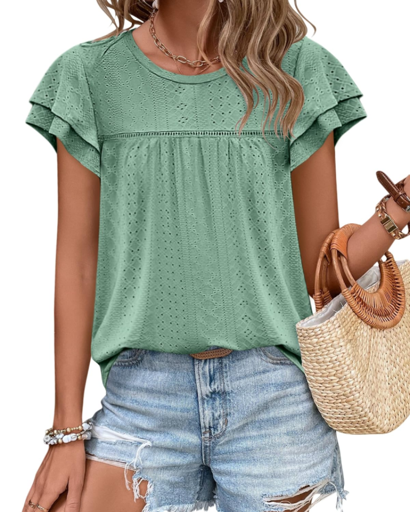 Isara Top Femme – Blusa con Occhielli e Volant, Taglio Babydoll Fluido e Stile Estivo Chic