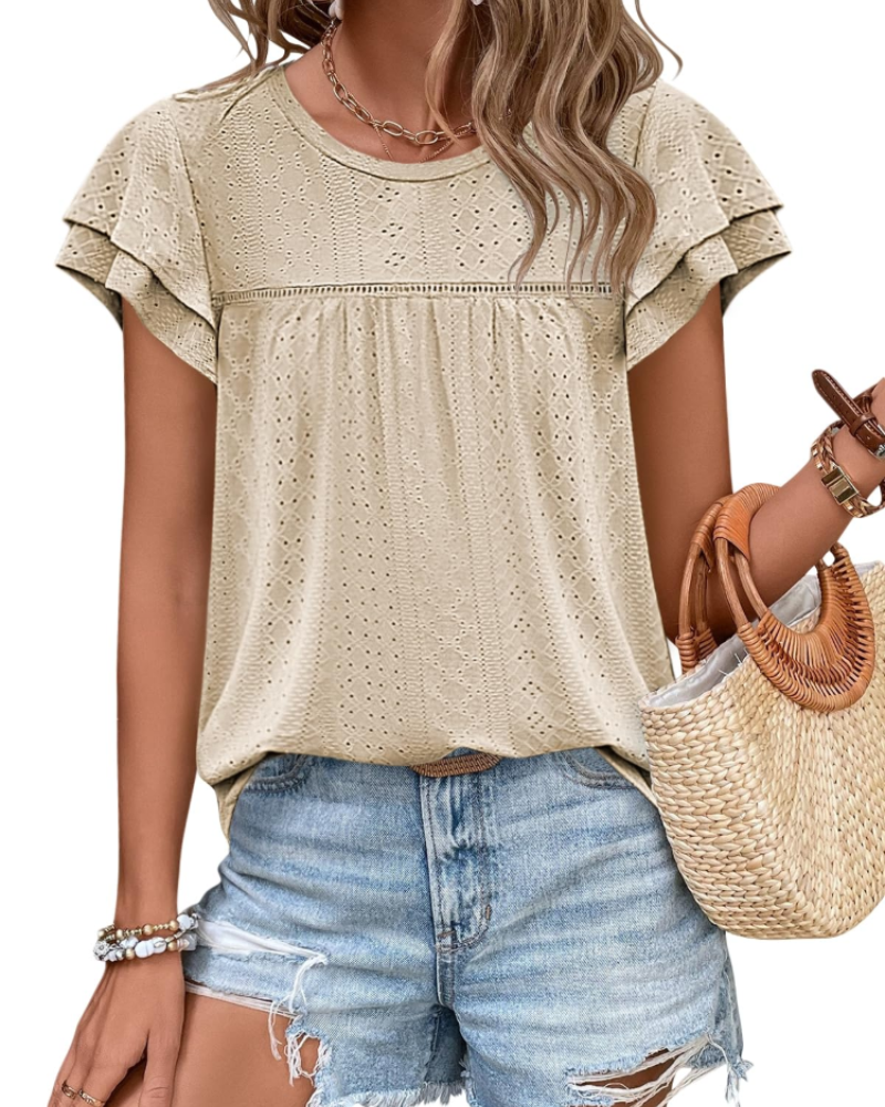 Isara Top Femme – Blusa con Occhielli e Volant, Taglio Babydoll Fluido e Stile Estivo Chic