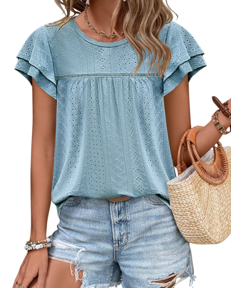 Isara Top Femme – Blusa con Occhielli e Volant, Taglio Babydoll Fluido e Stile Estivo Chic