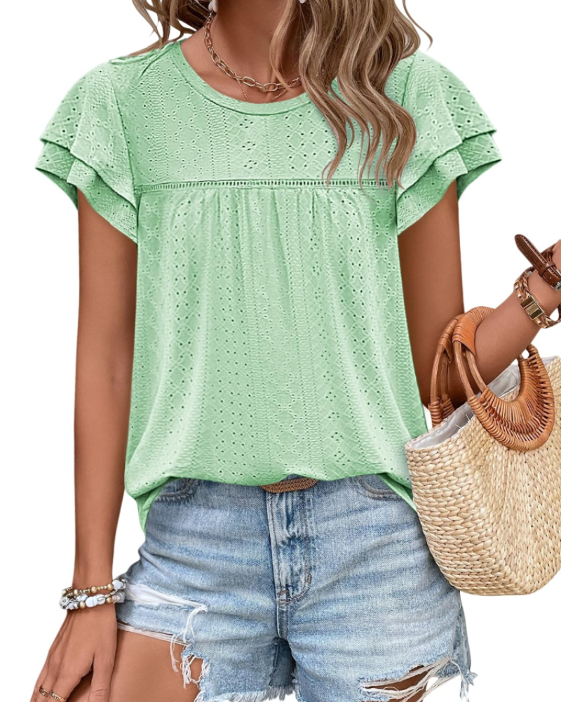 Isara Top Femme – Blusa con Occhielli e Volant, Taglio Babydoll Fluido e Stile Estivo Chic