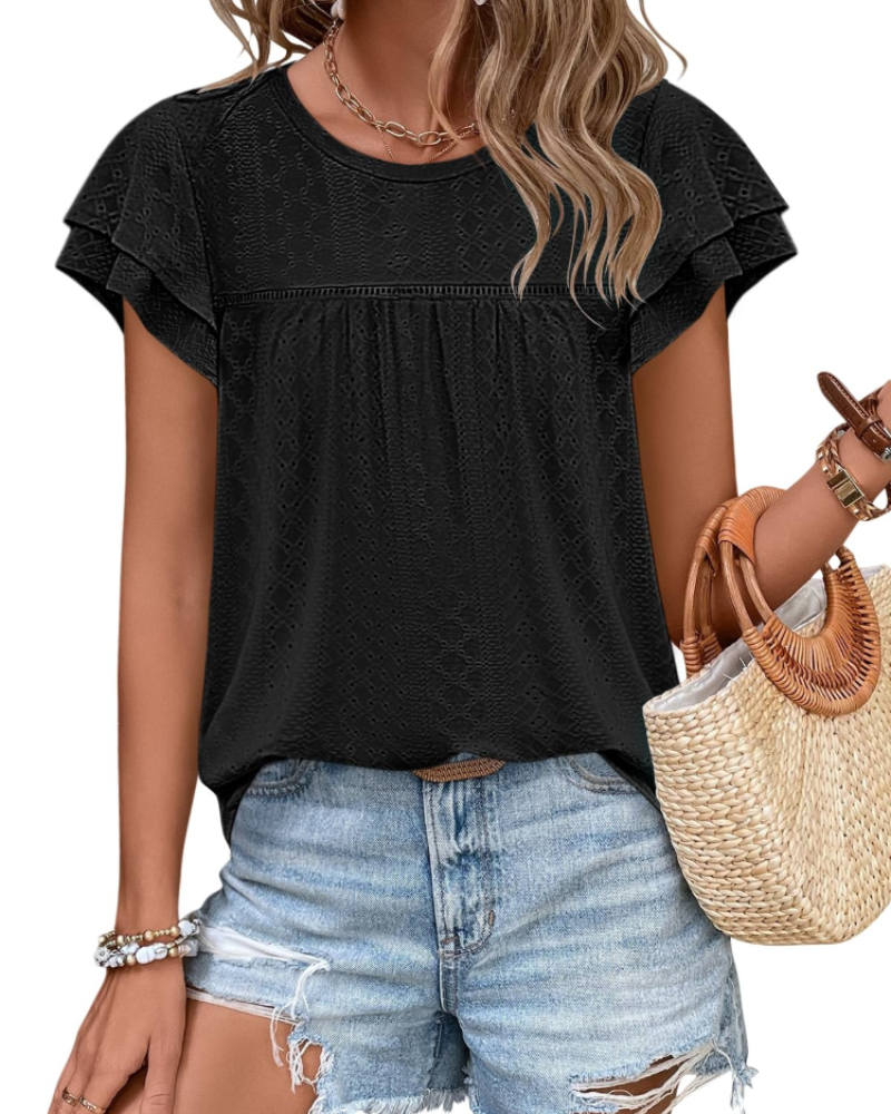 Isara Top Femme – Blusa con Occhielli e Volant, Taglio Babydoll Fluido e Stile Estivo Chic