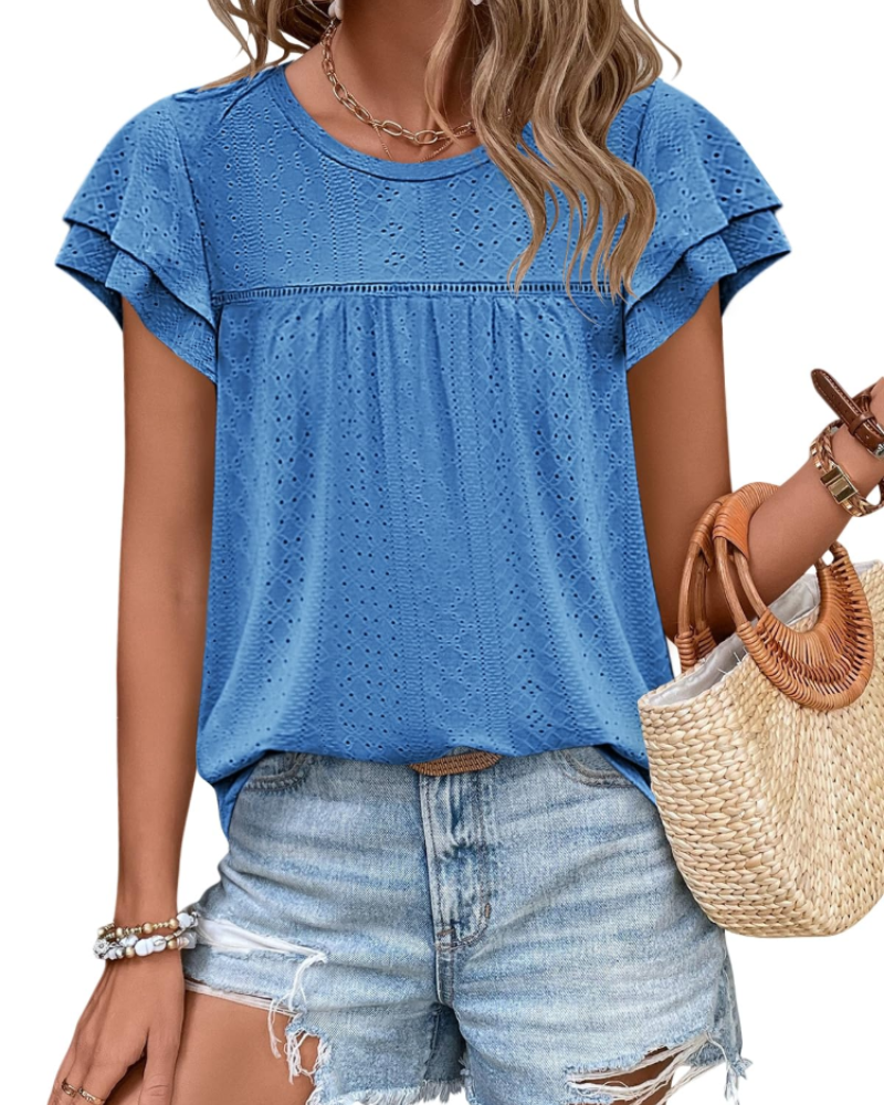 Isara Top Femme – Blusa con Occhielli e Volant, Taglio Babydoll Fluido e Stile Estivo Chic