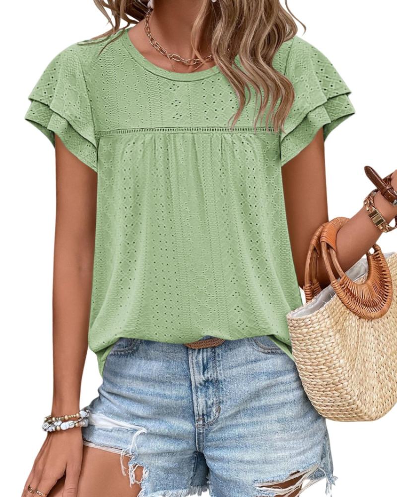 Isara Top Femme – Blusa con Occhielli e Volant, Taglio Babydoll Fluido e Stile Estivo Chic