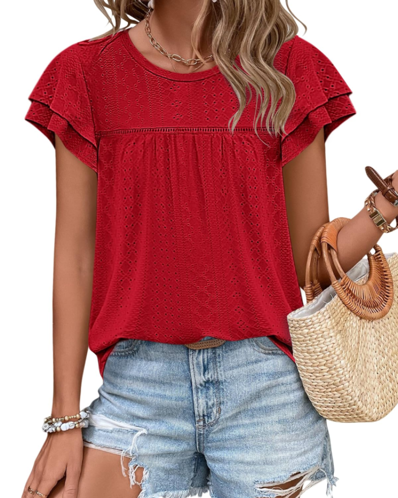 Isara Top Femme – Blusa con Occhielli e Volant, Taglio Babydoll Fluido e Stile Estivo Chic