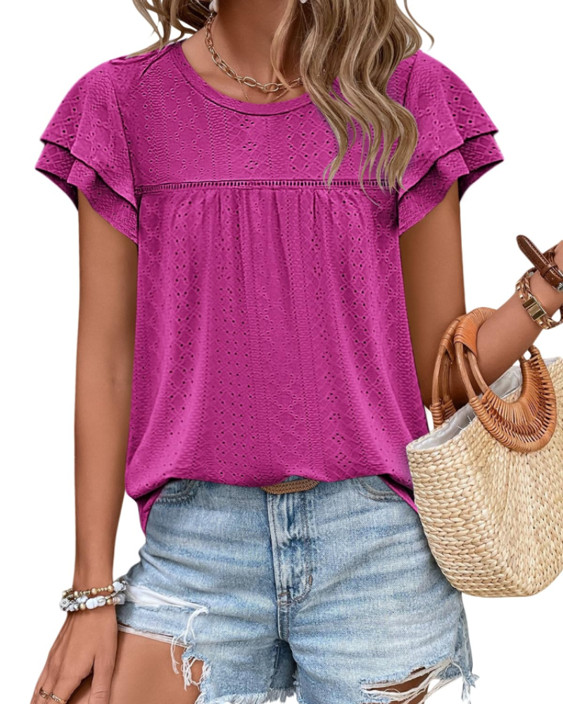 Isara Top Femme – Blusa con Occhielli e Volant, Taglio Babydoll Fluido e Stile Estivo Chic
