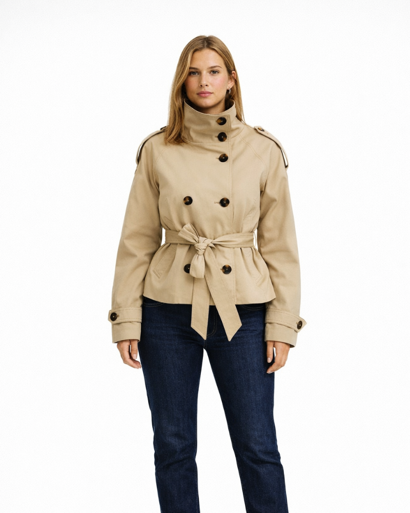 Emerald Trench Femme Court – Dwurzędowy, Pasek w Talii, Elegancka Kurtka Jesienna