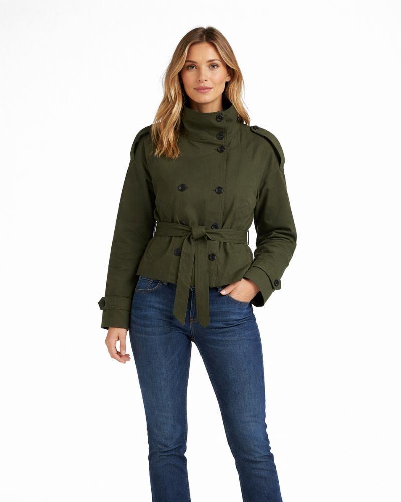 Emerald Trench Femme Court – Dwurzędowy, Pasek w Talii, Elegancka Kurtka Jesienna